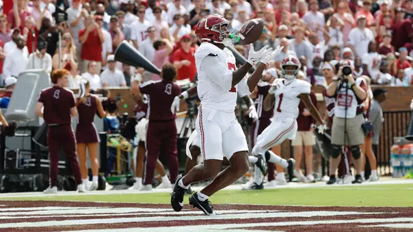 Alabama Wide Receiver Rico Scott (7) catches the ball in the endzone against MSU at Davis Wade Stadium at Scott Field in Starkville, MS on Saturday, Oct 3, 2026.