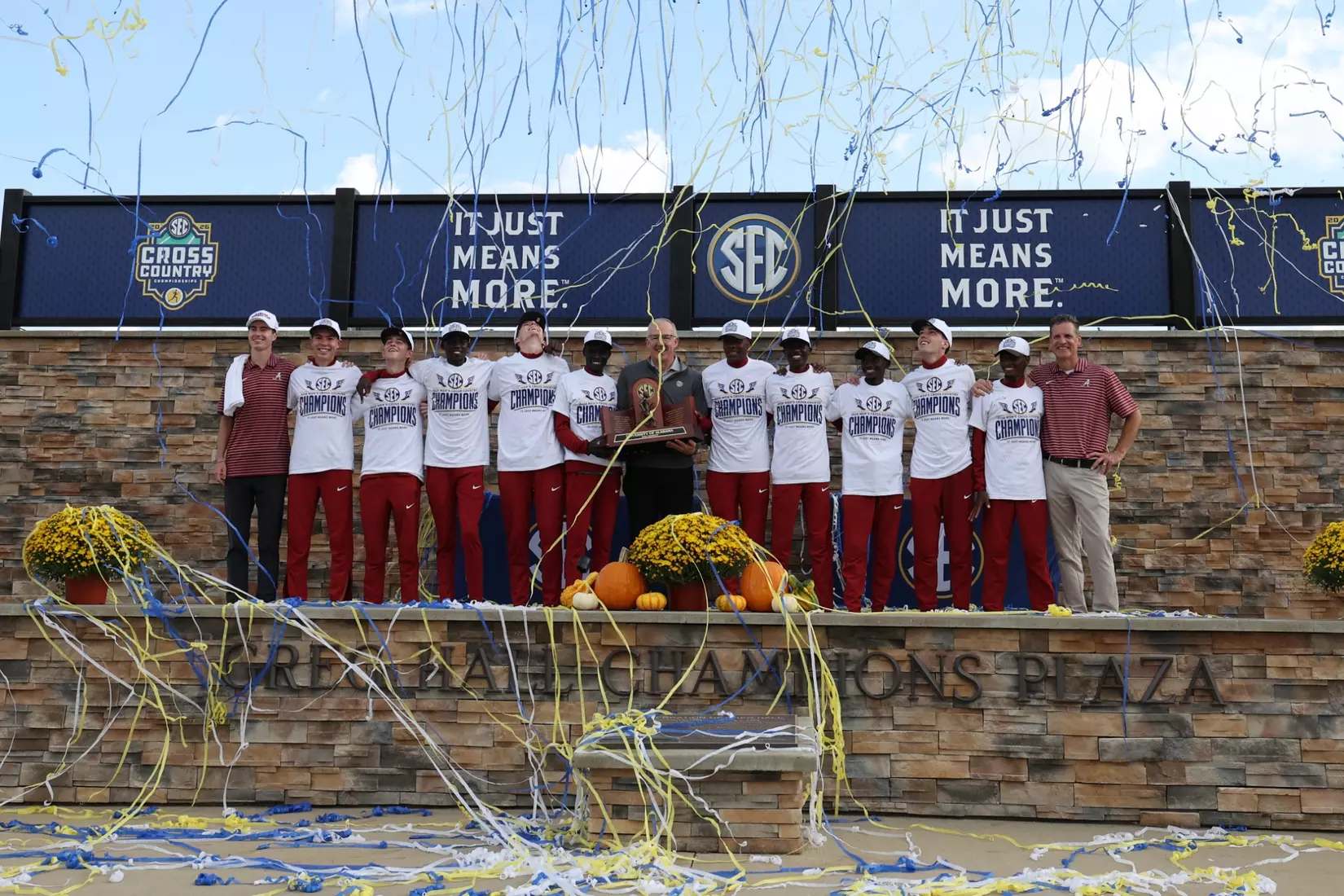 The University of Alabama Men's Cross Country Team celebrates during the SEC Cross Country Championships at Gans Creek Cross Country Course in Columbia, MO on Friday, Oct 30, 2026.