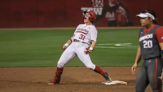 Alexis Pupillo (31) yells at second base after a three-run double vs. Arkansas (March 13, 2026)