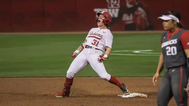 Alexis Pupillo (31) yells at second base after a three-run double vs. Arkansas (March 13, 2026)