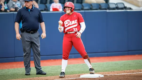 Alexis Pupillo (31) celebrates at third base vs. Ole Miss (March 8, 2026)