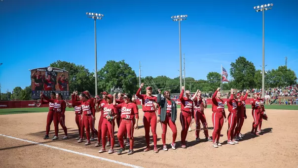 Alabama softball players cheer with fans after a win vs. Kentucky (April 19, 2026)