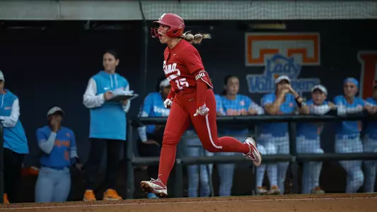 Brooke Wells (15) celebrates as she heads home following a home run vs. Tennessee (April 25, 2026)