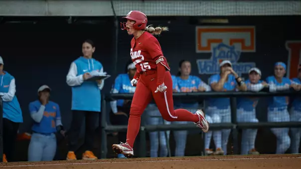 Brooke Wells (15) celebrates as she heads home following a home run vs. Tennessee (April 25, 2026)