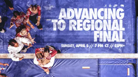 alabama gymnastics graphic advancing to corvallis regional final