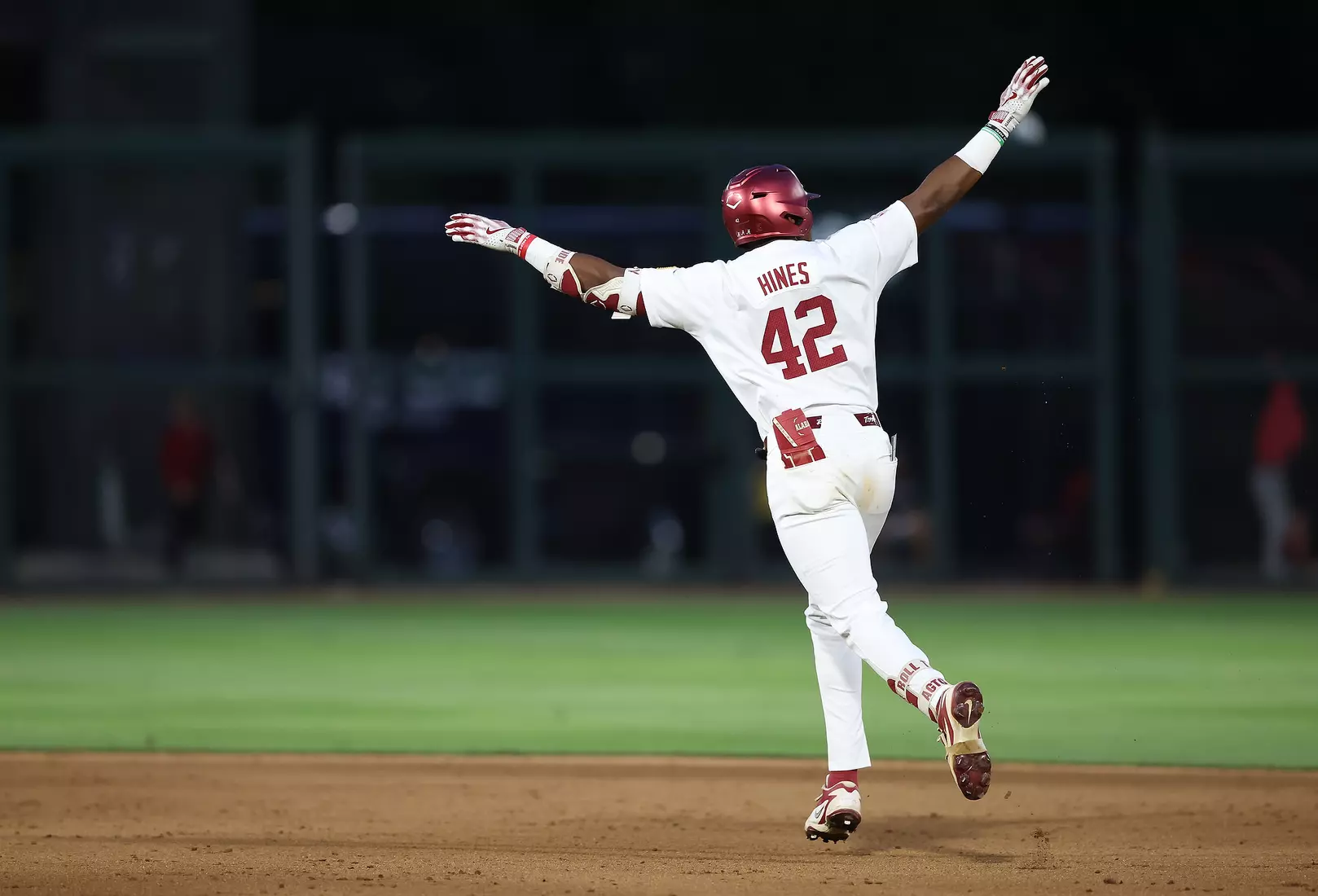 Alabama Baseball Player Eric Hines (42) celebrates a homerun against Vanderbilt at Sewell-Thomas Stadium in Tuscaloosa, AL on Thursday, Apr 30, 2026.