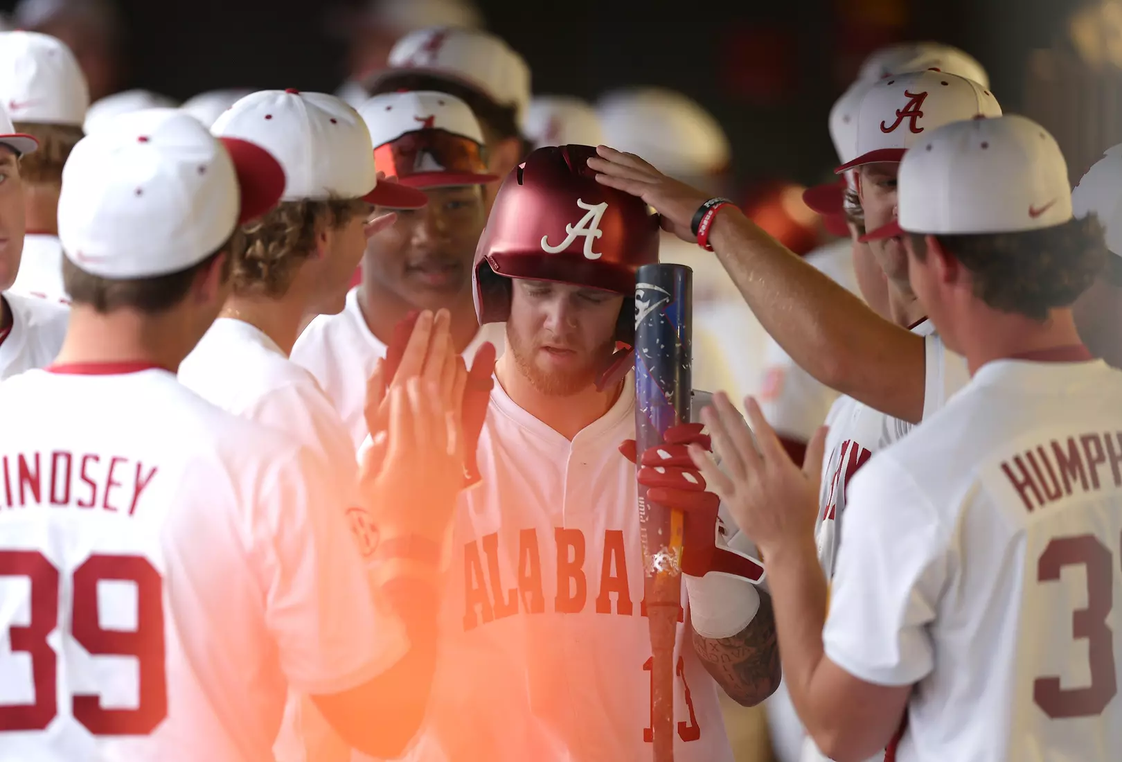 Alabama Baseball Player Luke Vaughn (13) celebrates with his team against Vanderbilt at Sewell-Thomas Stadium in Tuscaloosa, AL on Thursday, Apr 30, 2026.