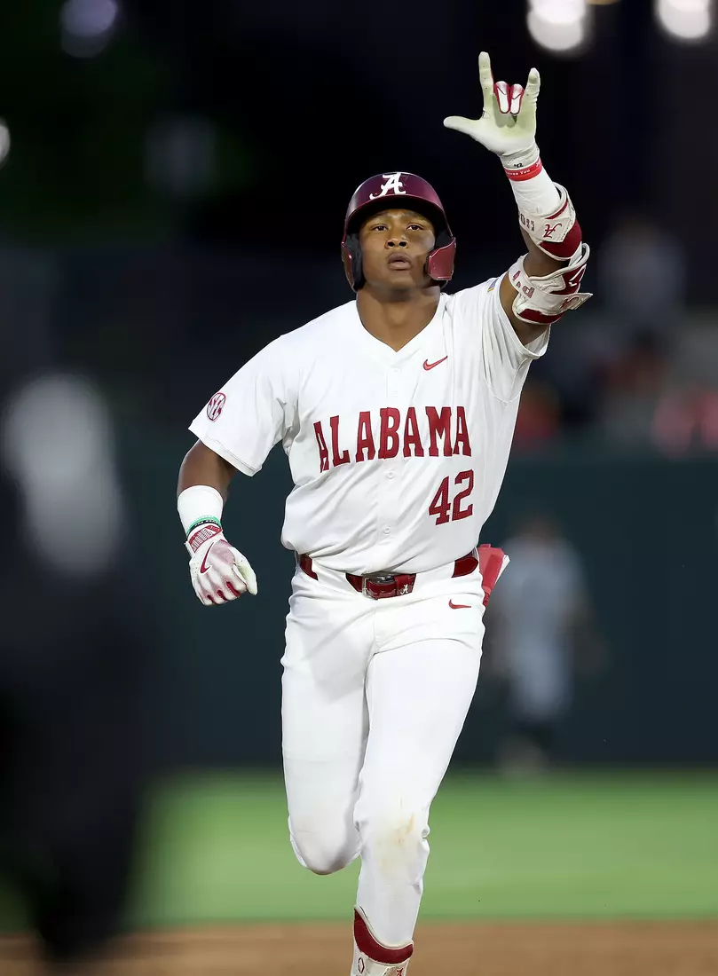 Alabama Baseball Player Eric Hines (42) celebrates against Vanderbilt at Sewell-Thomas Stadium in Tuscaloosa, AL on Thursday, Apr 30, 2026.