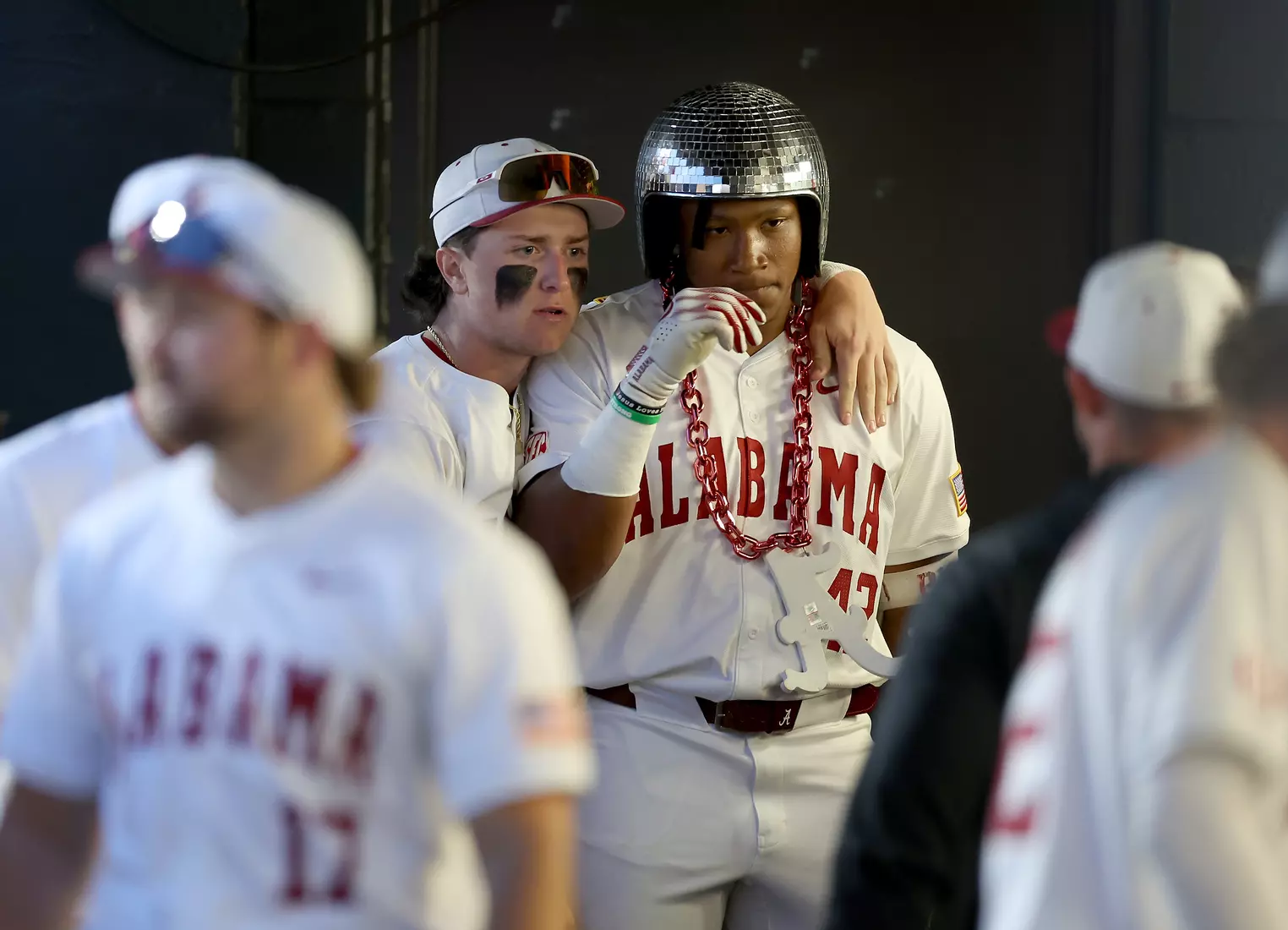 Alabama Baseball Player Eric Hines (42) celebrates against Vanderbilt at Sewell-Thomas Stadium in Tuscaloosa, AL on Thursday, Apr 30, 2026.