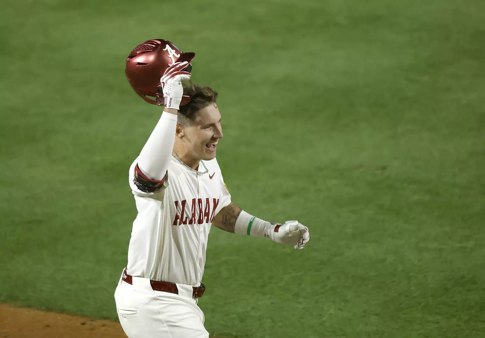 Alabama Baseball Player John Lemm (33) celebrates a walk off home run against Vanderbilt at Sewell-Thomas Stadium in Tuscaloosa, AL on Thursday, Apr 30, 2026.