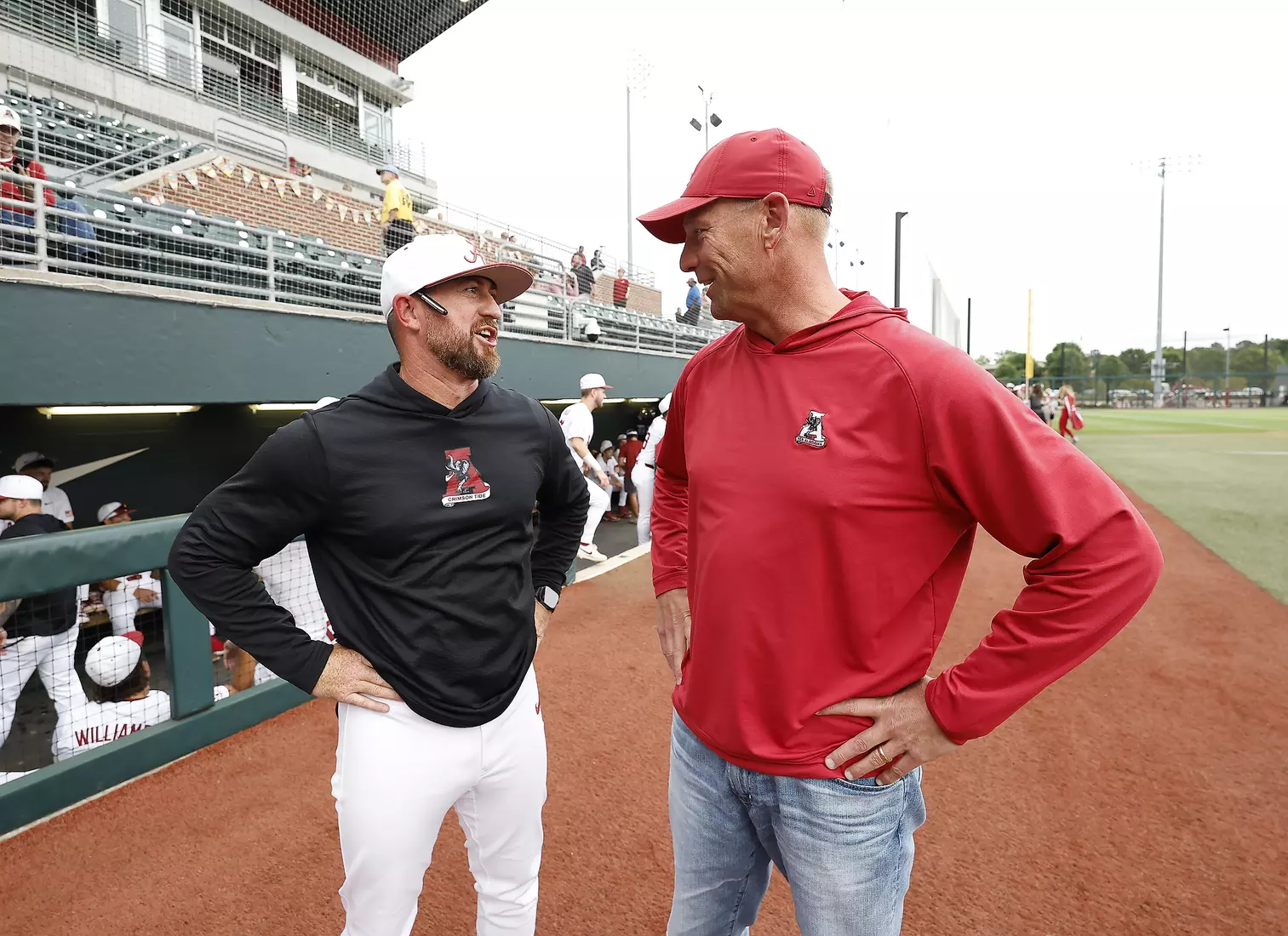 Alabama Head Coach Rob Vaughn visits with football coach Kalen DeBoer prior to the Vanderbilt game at Sewell-Thomas Stadium in Tuscaloosa, AL on Thursday, Apr 30, 2026.
