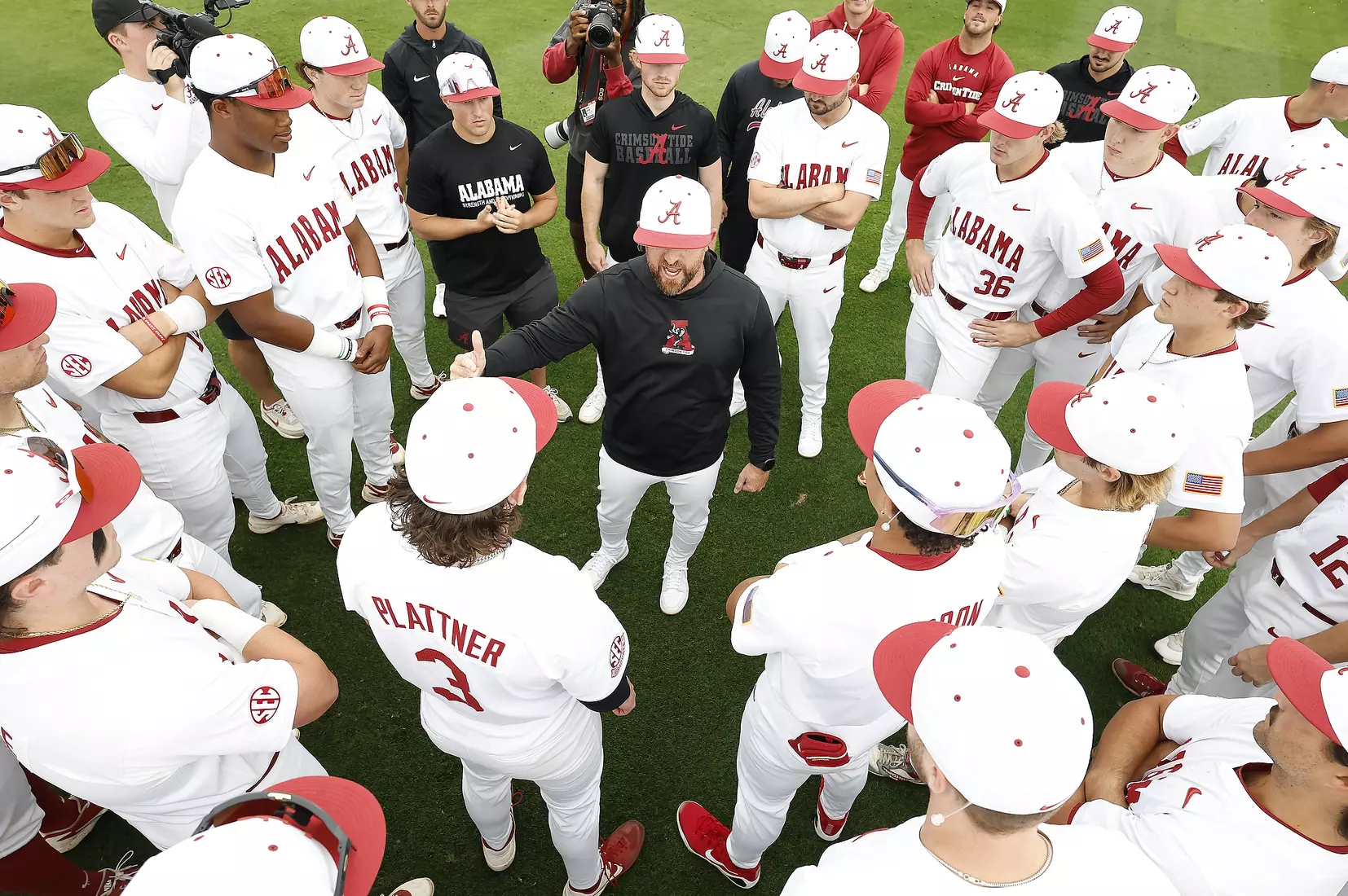 Alabama Head Coach Rob Vaughn speaks to his team prior to playing Vanderbilt at Sewell-Thomas Stadium in Tuscaloosa, AL on Thursday, Apr 30, 2026.