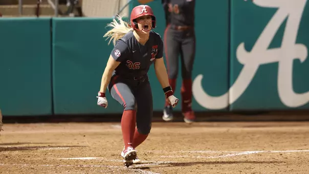 Ambrey Taylor (36) yells after hitting a home run vs. Texas (April 3, 2026)