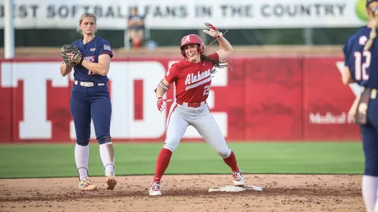Ana Roman (21) celebrates at second base vs. South Alabama (April 7, 2026)