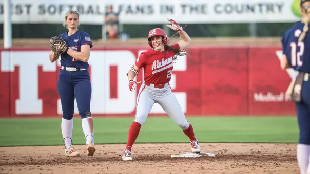 Ana Roman (21) celebrates at second base vs. South Alabama (April 7, 2026)