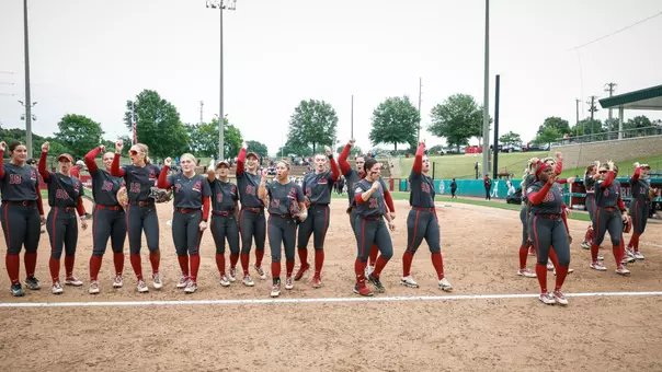 Alabama softball players cheer with fans after a win vs. South Carolina (May 1, 2026)