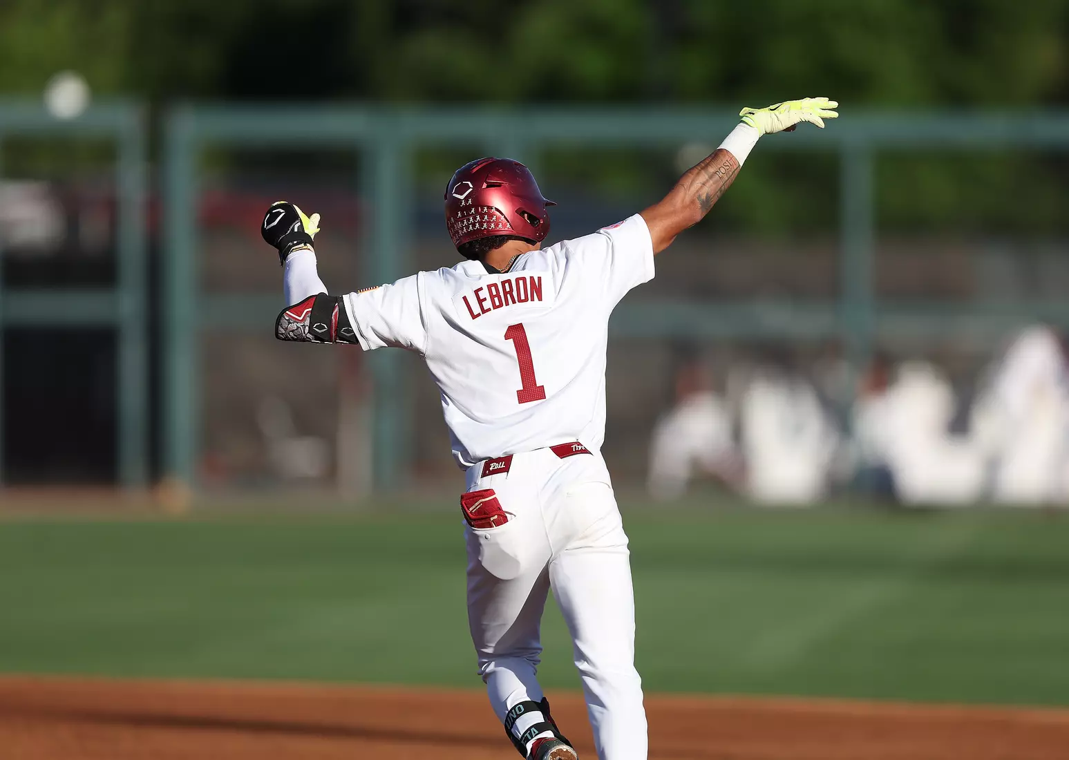 Alabama Baseball Player Justin Lebron (1) in action against Ole Miss at Sewell-Thomas Stadium in Tuscaloosa, AL on Thursday, May 14, 2026.