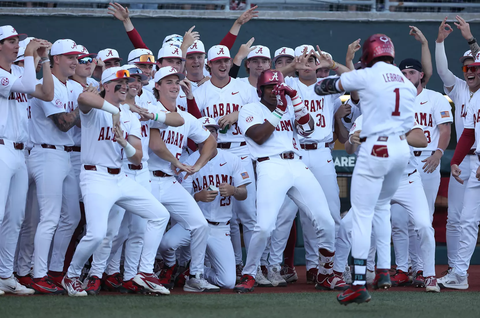 Alabama Baseball Player Justin Lebron (1) celebrates with his teammates against Ole Miss at Sewell-Thomas Stadium in Tuscaloosa, AL on Thursday, May 14, 2026.