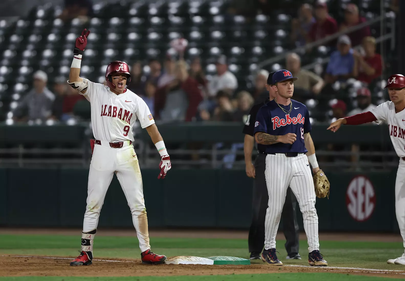 Alabama Baseball Player Bryce Fowler (9) in action against Ole Miss at Sewell-Thomas Stadium in Tuscaloosa, AL on Thursday, May 14, 2026.