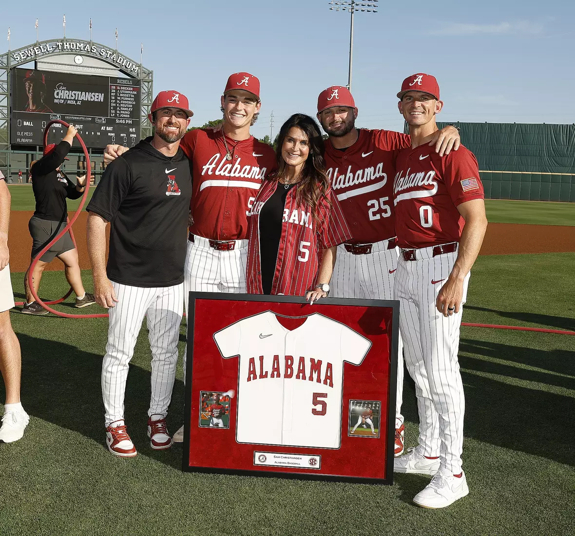 Alabama Baseball Player Sam Christiansen (5) celebrates Senior Day with his coaches and family prior to taking on Ole Miss at Sewell-Thomas Stadium in Tuscaloosa, AL on Friday, May 15, 2026.