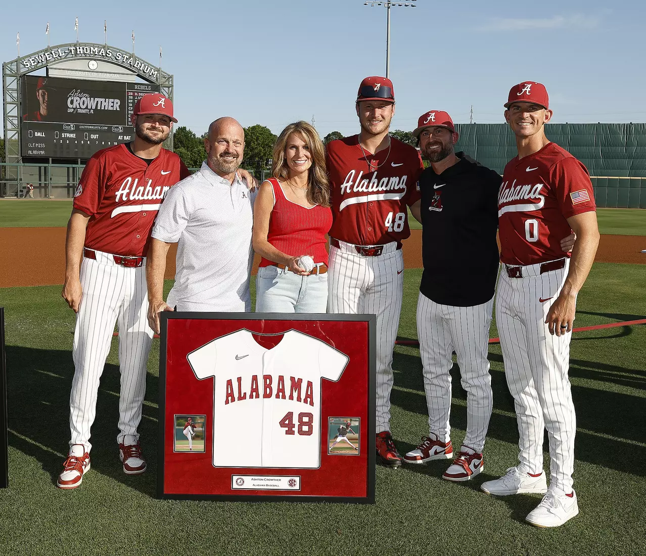 Alabama Baseball Player Ashton Crowther (48) celebrates Senior Day with his coaches and family prior to taking on Ole Miss at Sewell-Thomas Stadium in Tuscaloosa, AL on Friday, May 15, 2026.