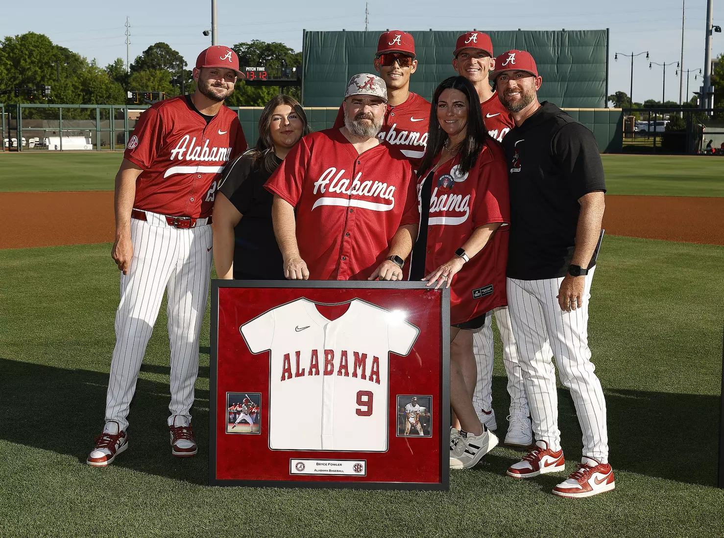 Alabama Baseball Player Bryce Fowler (9) celebrates Senior Day with his coaches and family prior to taking on Ole Miss at Sewell-Thomas Stadium in Tuscaloosa, AL on Friday, May 15, 2026.
