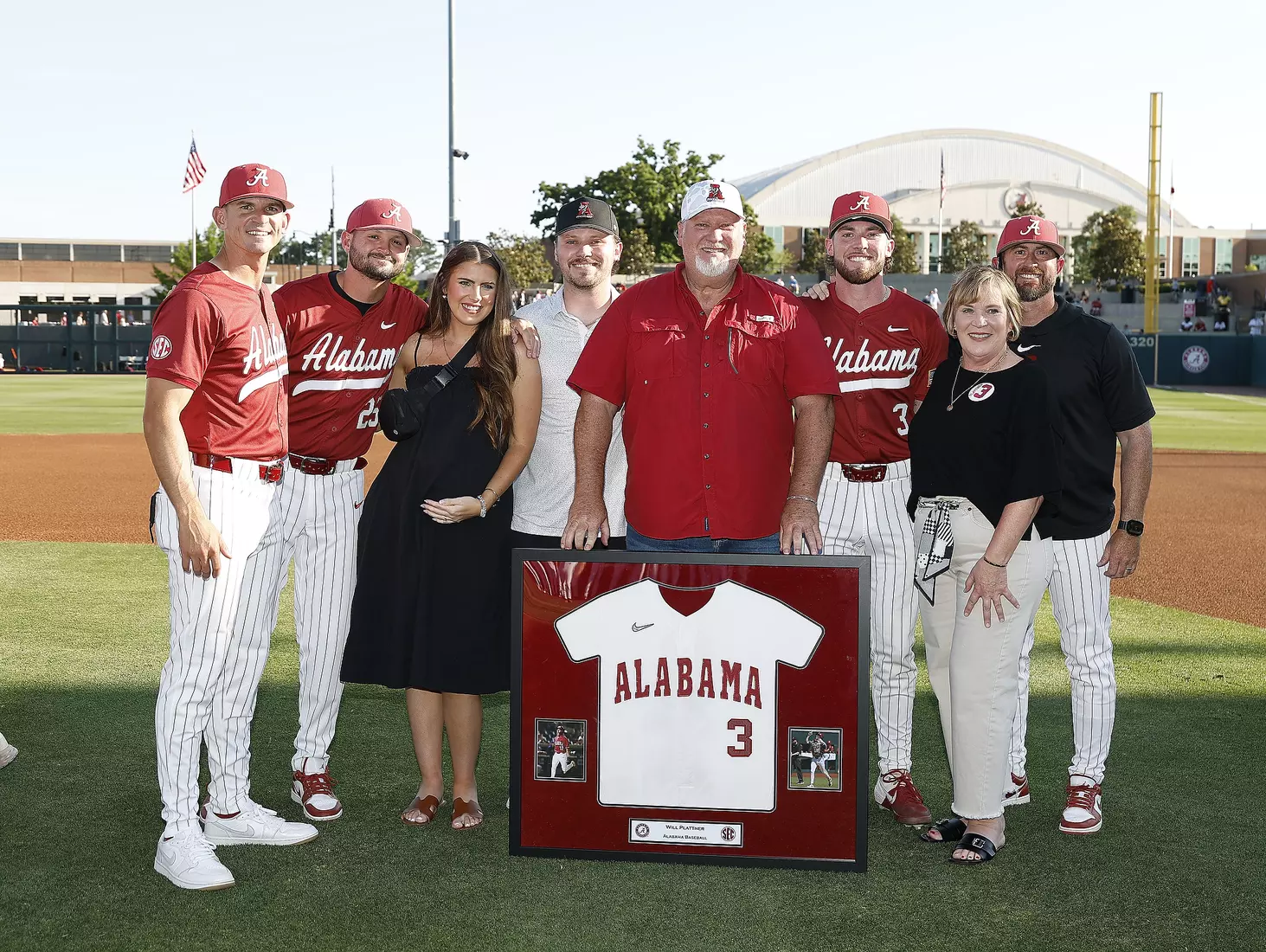 Alabama Baseball Player Will Plattner (3) celebrates Senior Day with his coaches and family prior to taking on Ole Miss at Sewell-Thomas Stadium in Tuscaloosa, AL on Friday, May 15, 2026.