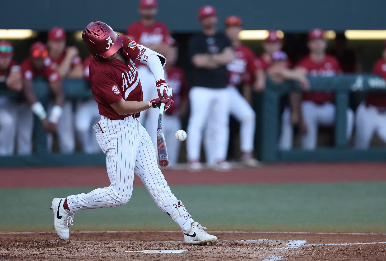 Alabama Baseball Player Luke Vaughn (13) in action against Ole Miss at Sewell-Thomas Stadium in Tuscaloosa, AL on Friday, May 15, 2026.