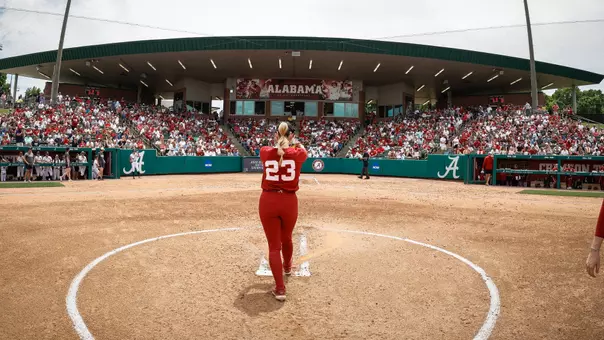 Jocelyn Briski (23) warming up vs. Belmont with Rhoads Stadium in the background (May 16, 2026)