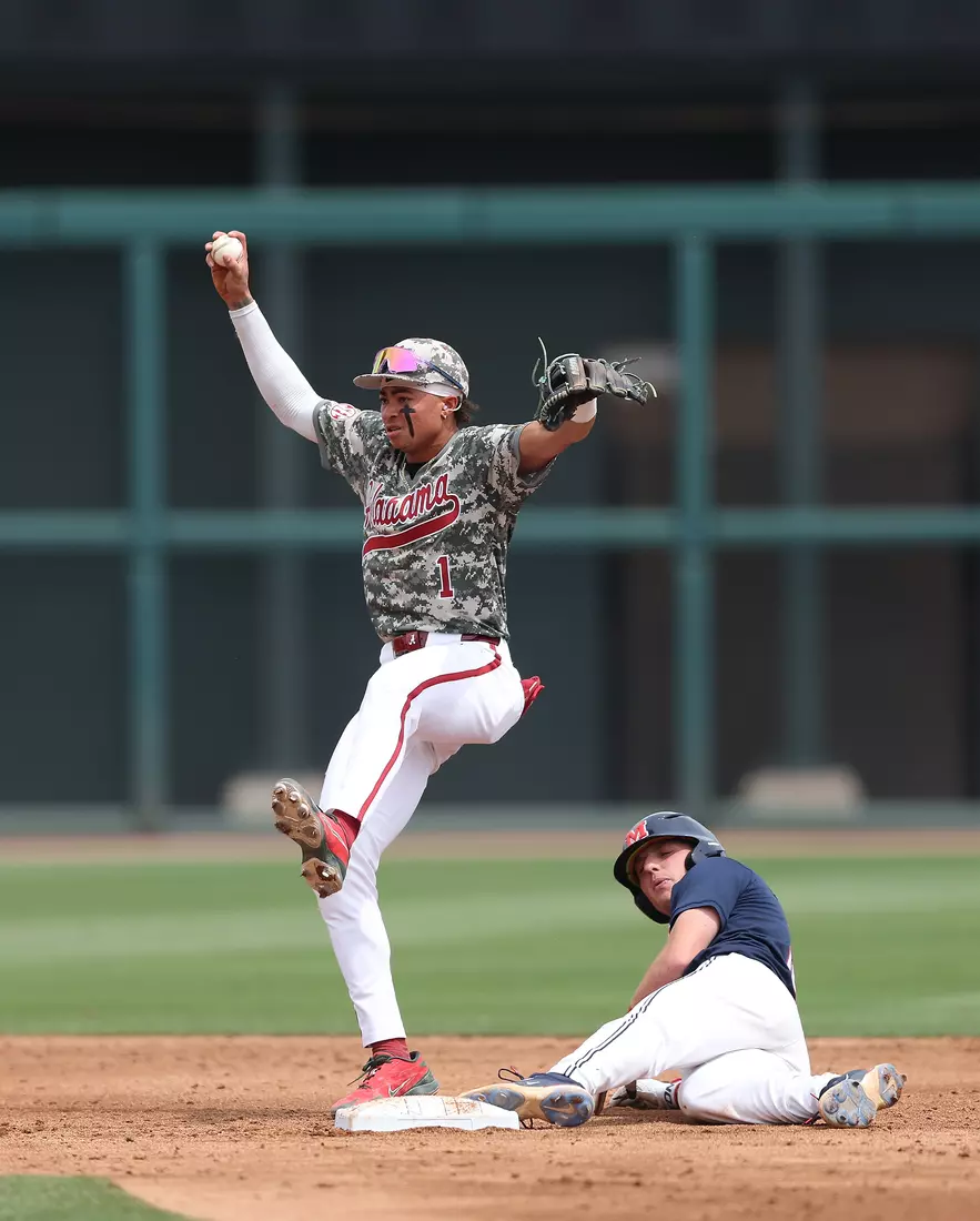 Alabama Baseball Player Justin Lebron (1) in action against Ole Miss at Sewell-Thomas Stadium in Tuscaloosa, AL on Saturday, May 16, 2026.