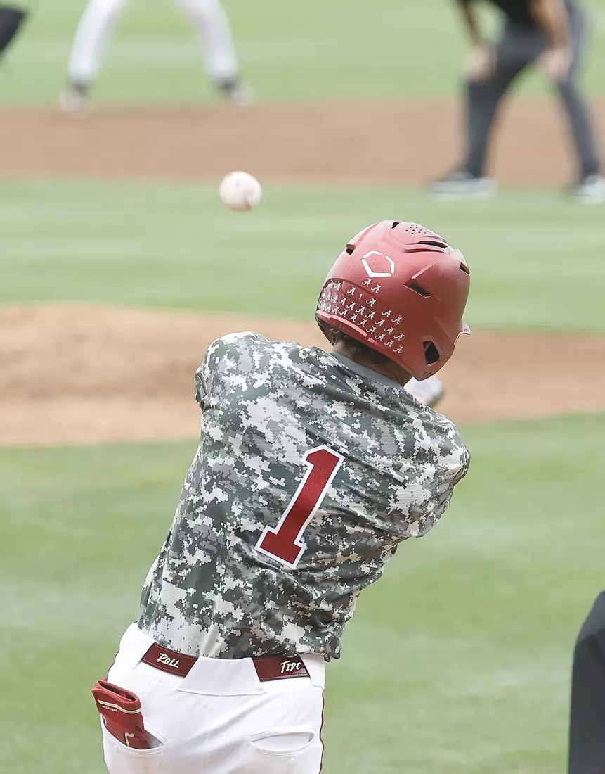 Alabama Baseball Player Justin Lebron (1) in action against Ole Miss at Sewell-Thomas Stadium in Tuscaloosa, AL on Saturday, May 16, 2026.