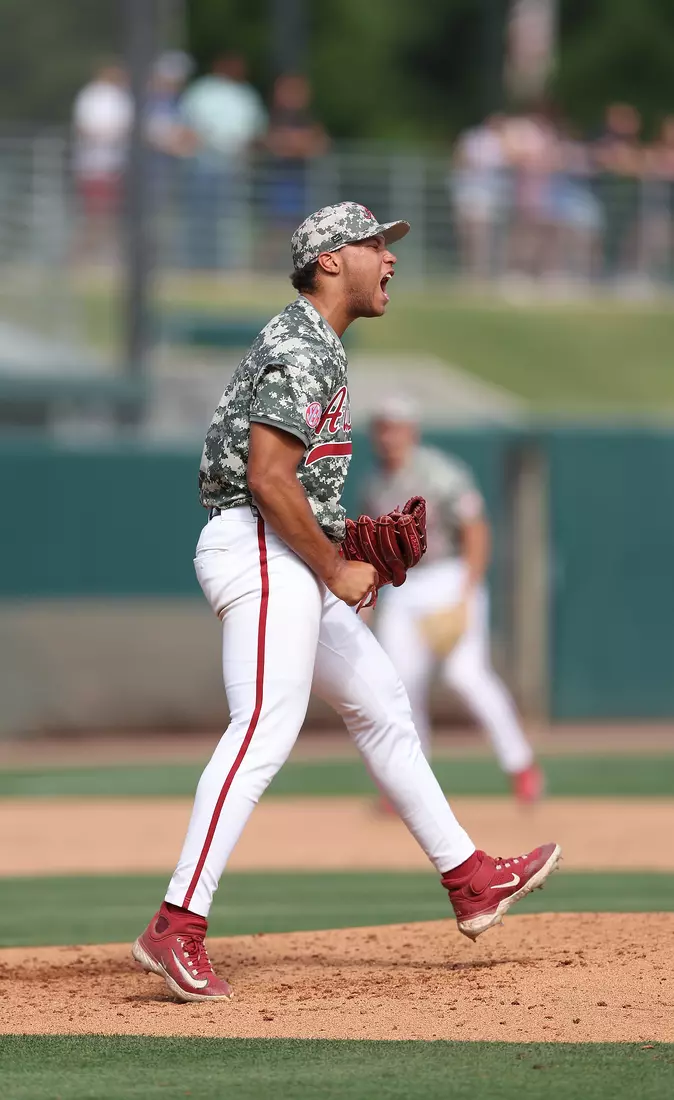Alabama Baseball Player Myles Upchurch (11) icelebrates against Ole Miss at Sewell-Thomas Stadium in Tuscaloosa, AL on Saturday, May 16, 2026.