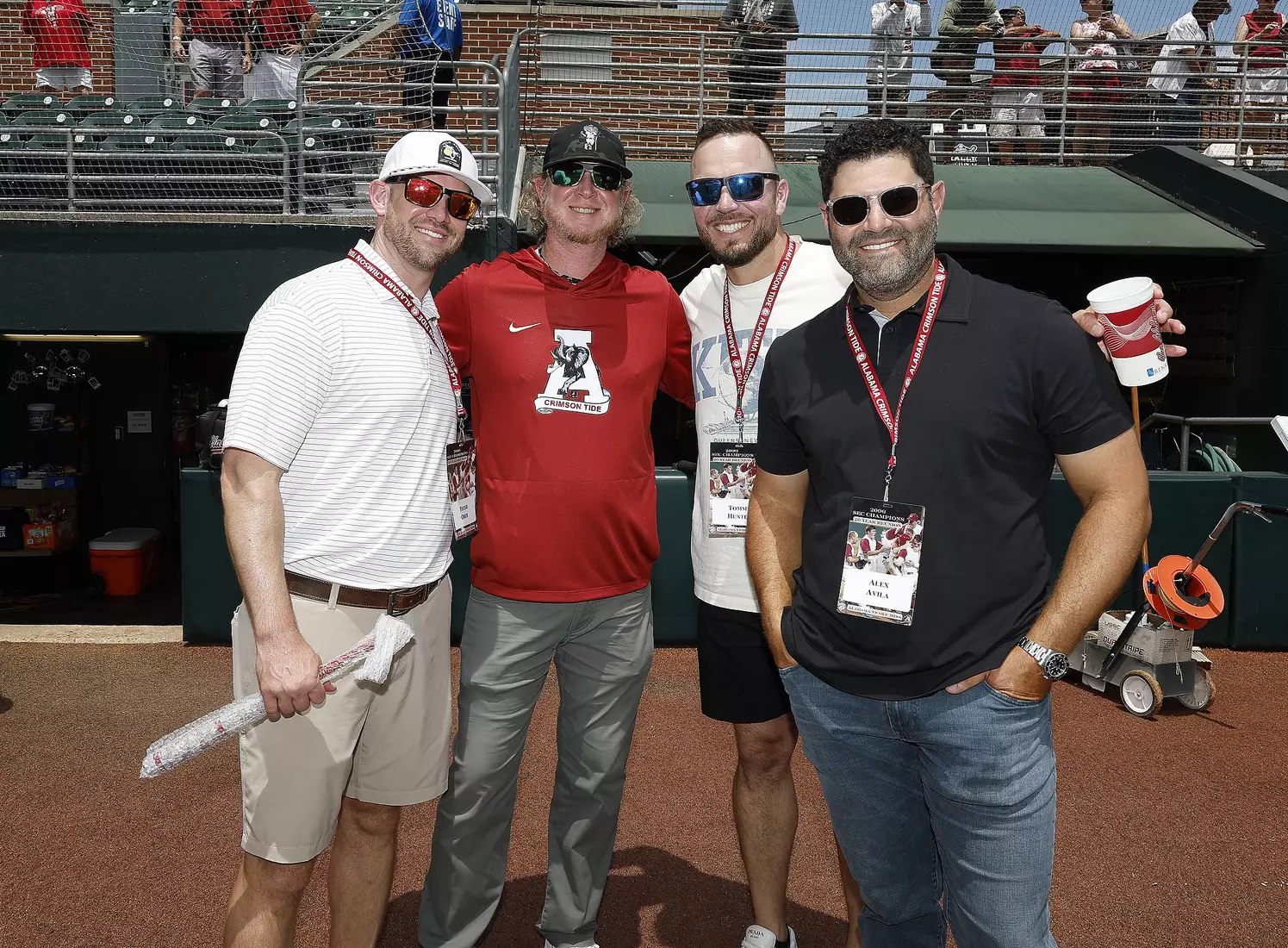 Tyler Odle, Junior Walden, Tommy Hunter and Alex Avila visit during pre game against Ole Miss at Sewell-Thomas Stadium in Tuscaloosa, AL on Saturday, May 16, 2026.