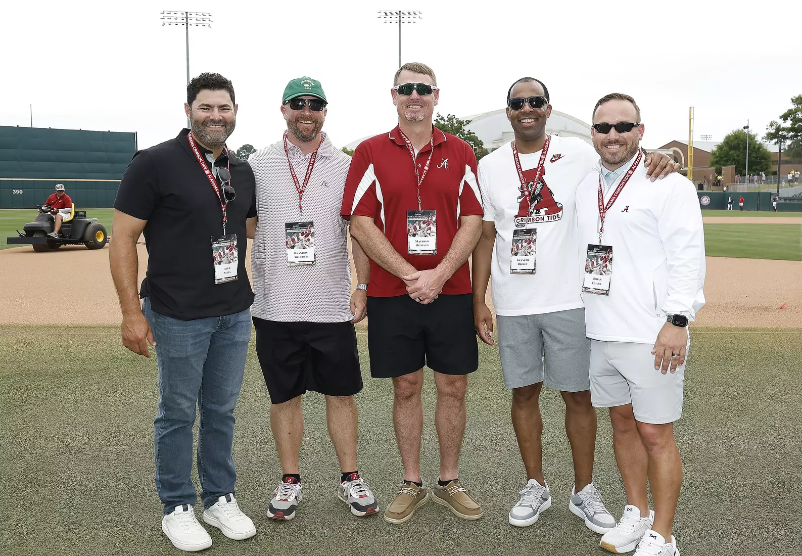 Alex Avila, Brandon Belcher, Matthew Bentley, Kenneth Brown and Brian Clark visit during pre game against Ole Miss at Sewell-Thomas Stadium in Tuscaloosa, AL on Saturday, May 16, 2026.