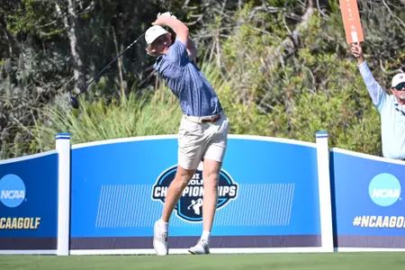 William Jennings tees off the opening round of the 2026 NCAA Men's Golf Championships