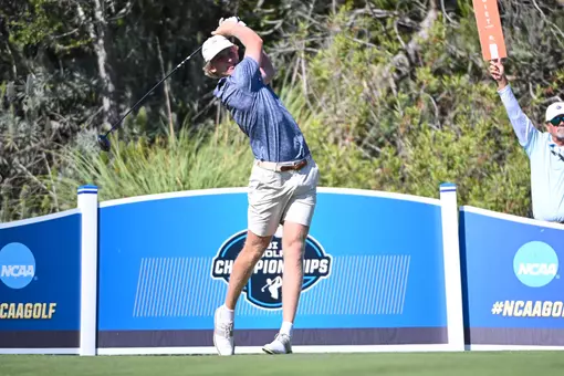 William Jennings tees off the opening round of the 2026 NCAA Men's Golf Championships