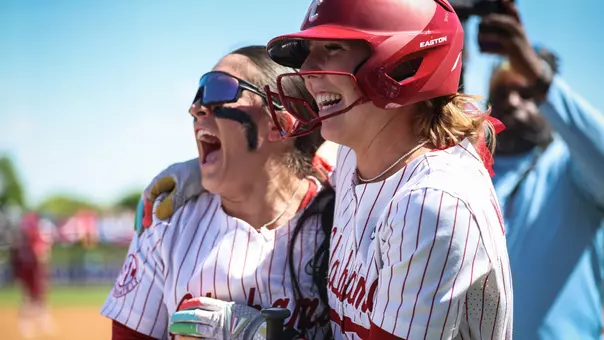 Audrey Vandagriff (12) and Alexis Pupillo (31) celebrate after a Vandagriff home run vs. Arkansas (May 7, 2026)