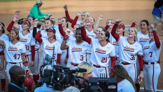 Alabama softball players celebrating after a win vs. Florida (May 8, 2026)