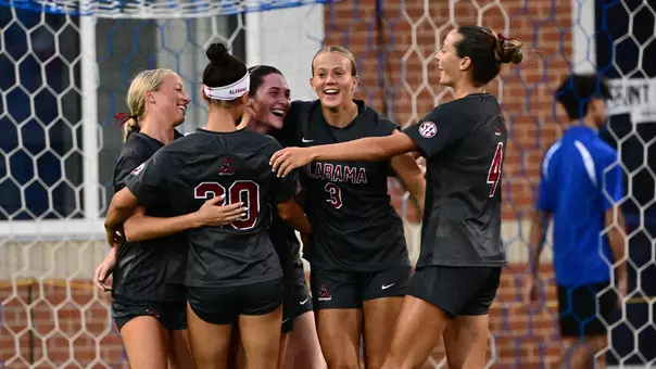 Alabama soccer players celebrate after a goal from Ashley Roni (9) vs. Saint Louis (Aug. 12, 2026)