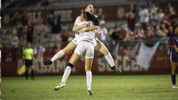 Larking Thomason (7) and Ashley Roni (9) celebrate after Roni's game-winning goal vs. TCU (Aug. 20, 2026)