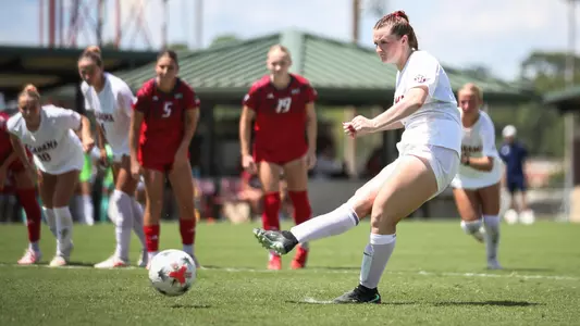 Larkin Thomason (7) scores a penalty kick vs. South Alabama (Aug. 30, 2026)