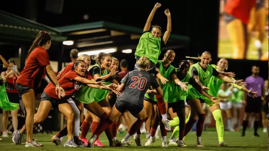 Alabama soccer celebrates after Reece Ward (20) scores vs. Arkansas (Sept. 18, 2026)