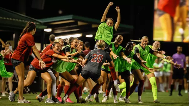 Alabama soccer celebrates after Reece Ward (20) scores vs. Arkansas (Sept. 18, 2026)
