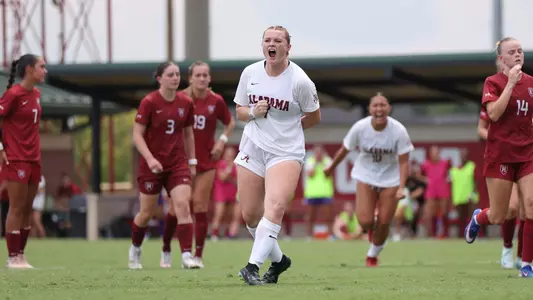 Larkin Thomason (7) celebrates after a penalty kick vs. Harvard (Sept. 6, 2026)
