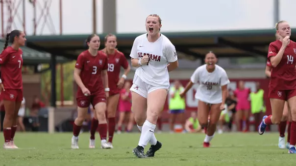 Larkin Thomason (7) celebrates after a penalty kick vs. Harvard (Sept. 6, 2026)
