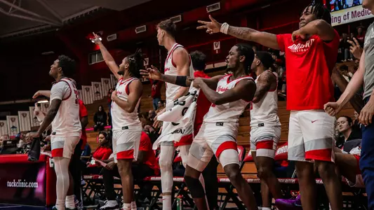 Radford Men's Basketball Team Celebration Win Gardner-Webb 2025
