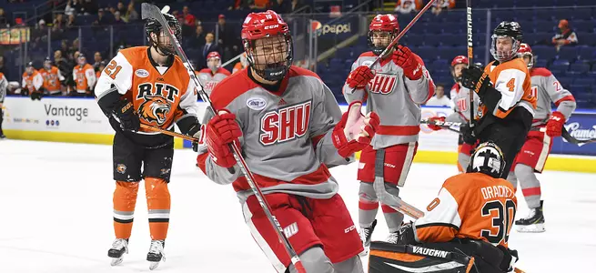 Men's Ice Hockey Dominates RIT Scoring Nine Goals in Game One Victory of Atlantic Hockey Quarterfinals Image