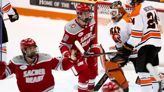 Sacred Heart’s John Jaworski, 18, celebrates after scoring a goal on Oct. 21, 2023 at Gene Polisseni Center in Rochester, N.Y. The RIT men’s hockey team lost to Sacred Heart 2-5. (Rebecca Villagracia/RIT Sports Network)