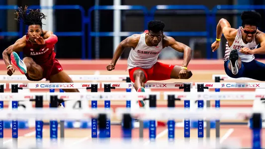 Titus Moore hurdles at 2023 Samford Invitational