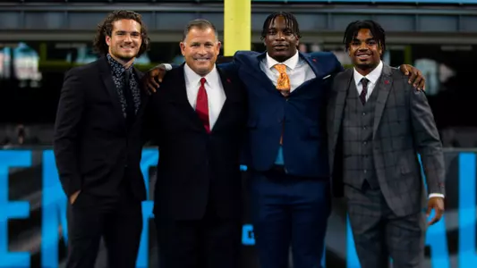 Greg Schiano, Olakunle Fatukasi, Bo Melton, Noah Vedral, Big Ten Media Day